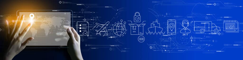 Businesswoman using digital tablet managing IIoT global logistics network distribution and transportation UI, Smart logistics, Innovation future of supply chain monitoring